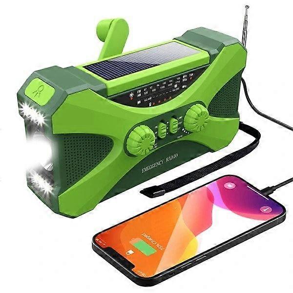 10,000 mAh solar-powered emergency radio with hand crank, with hand crank generation, flashlight, USB multi-function radio, green