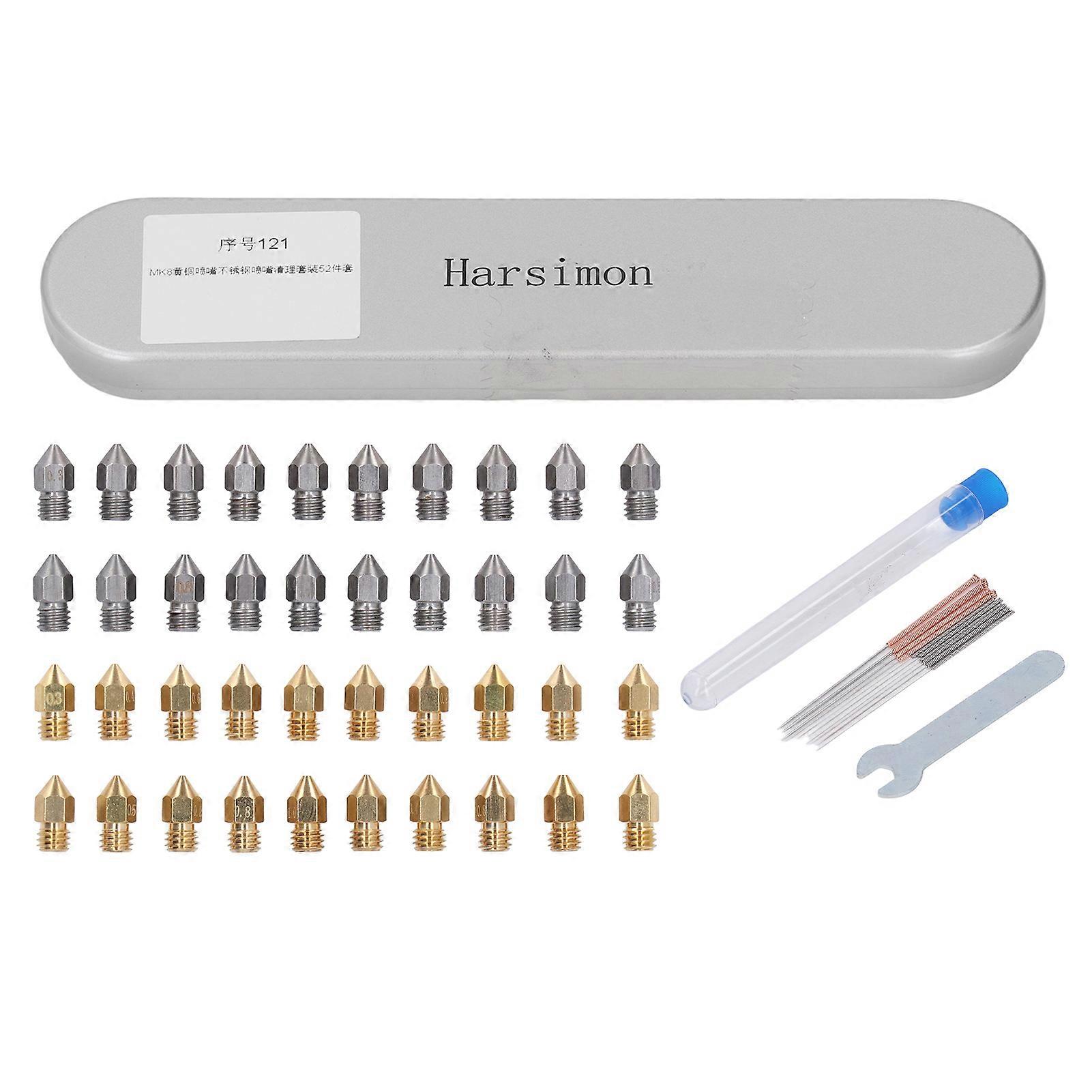 52Pcs 3D Printer Nozzle Stainless Steel Brass with Cleaning Tool Kit Extruder Parts Accessories MK8