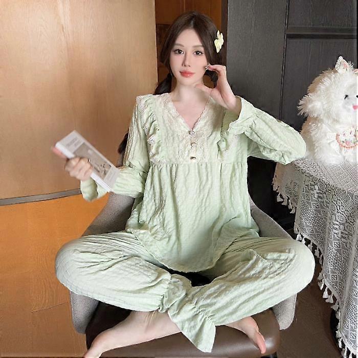 Plus Size Pajama Mujer Solid Color Sleepwear Set Long Sleeve Top+Pants Ruffle Homewear Skin-Friendly Breathable