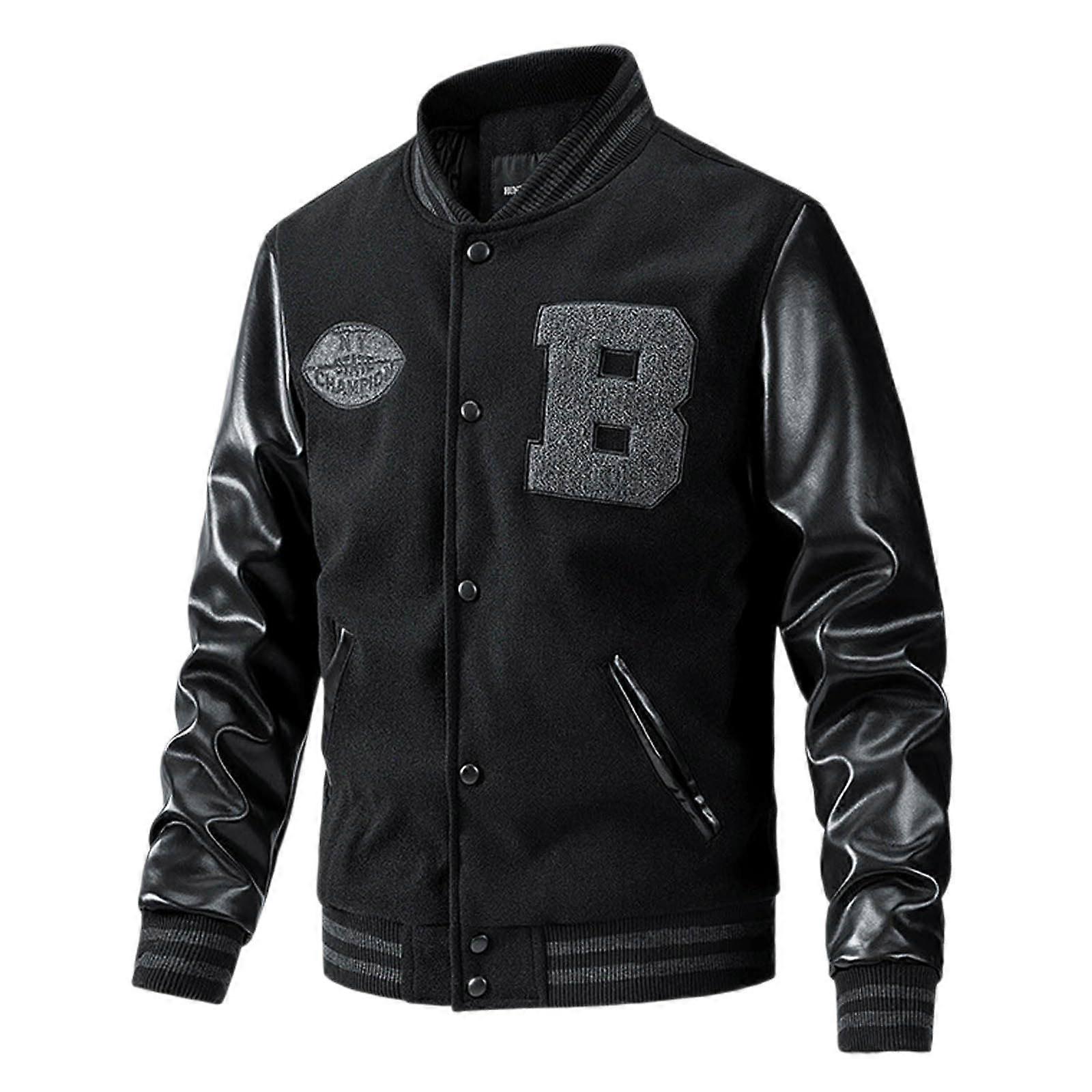 Men's Patchwork Faux Leather Bomber Jacket with StandUp Collar – Lightweight Varsity Style College Jacket for Casual Wear (Black, Size M)