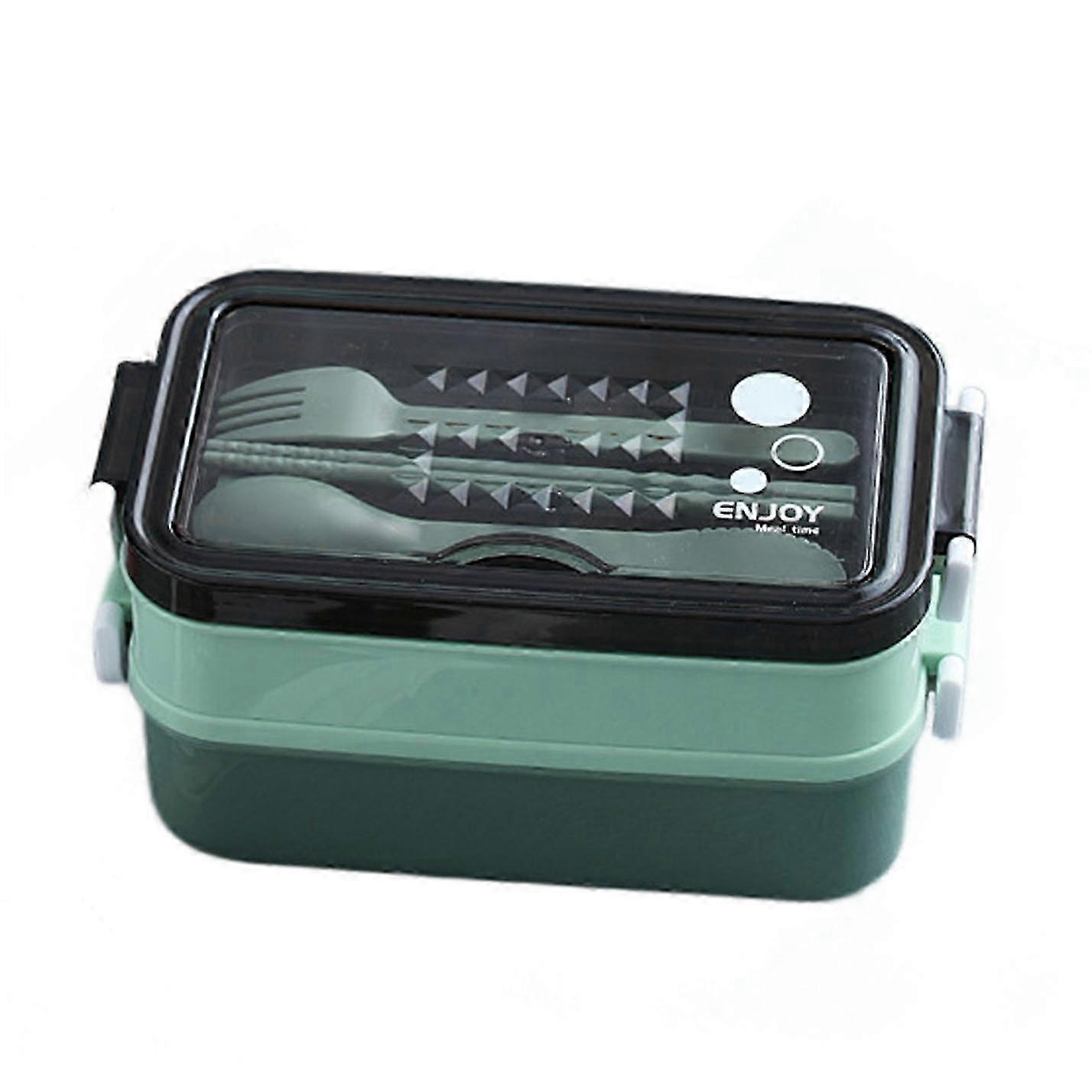 Green double-layer lunch box with spoon, fork, chopsticks, leak proof tableware 2025