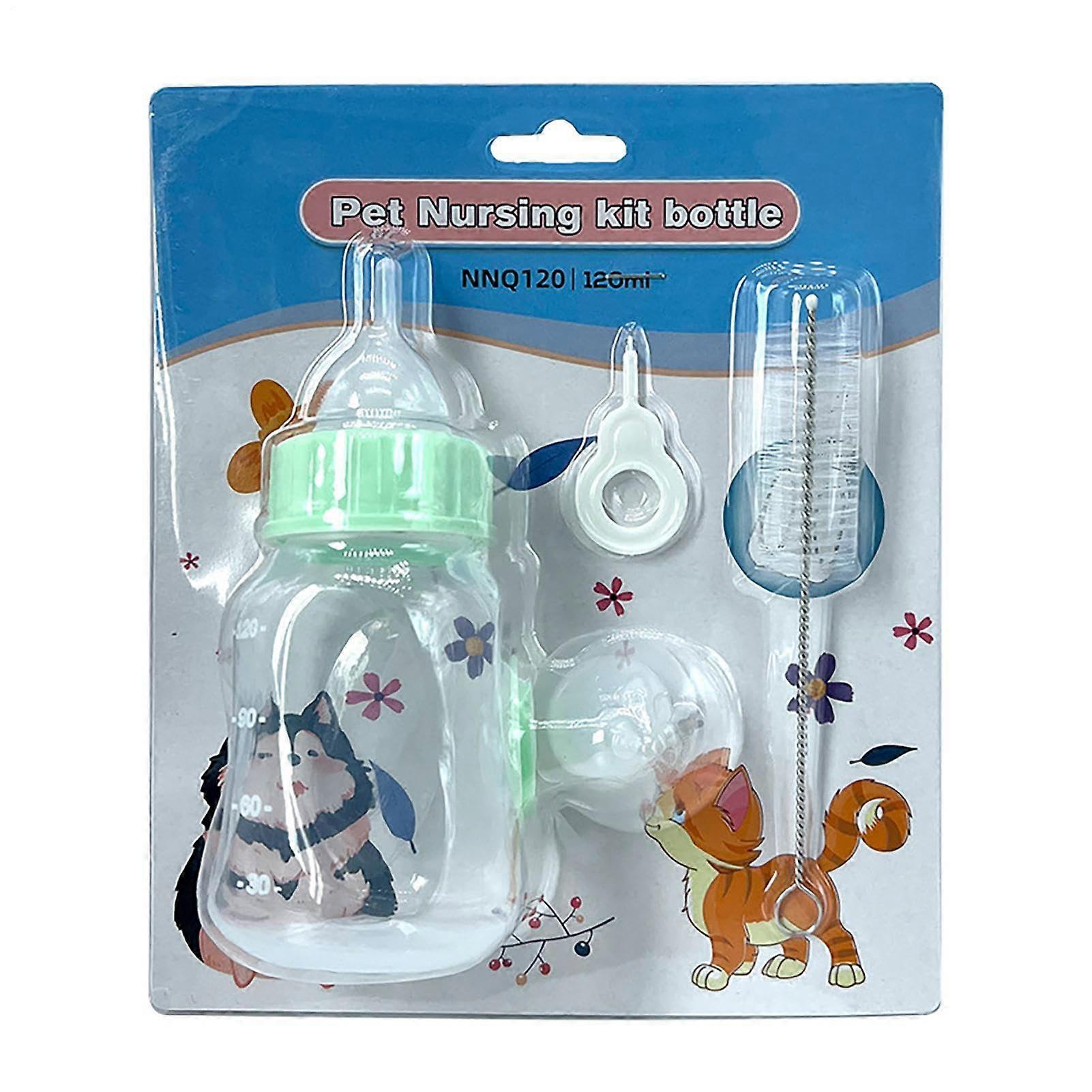 Generic bottle with kittens, pet bottle, 120 ml, with silicone nipple, transparent, mini bottle, puppies, small animals, tool green