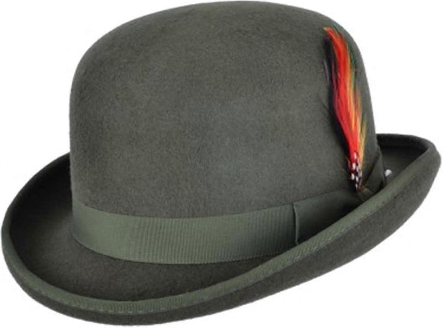 A Unisex Hard Top Wool Bowler Hat with a Feather and Satin Lining, available in Sizes S to XL