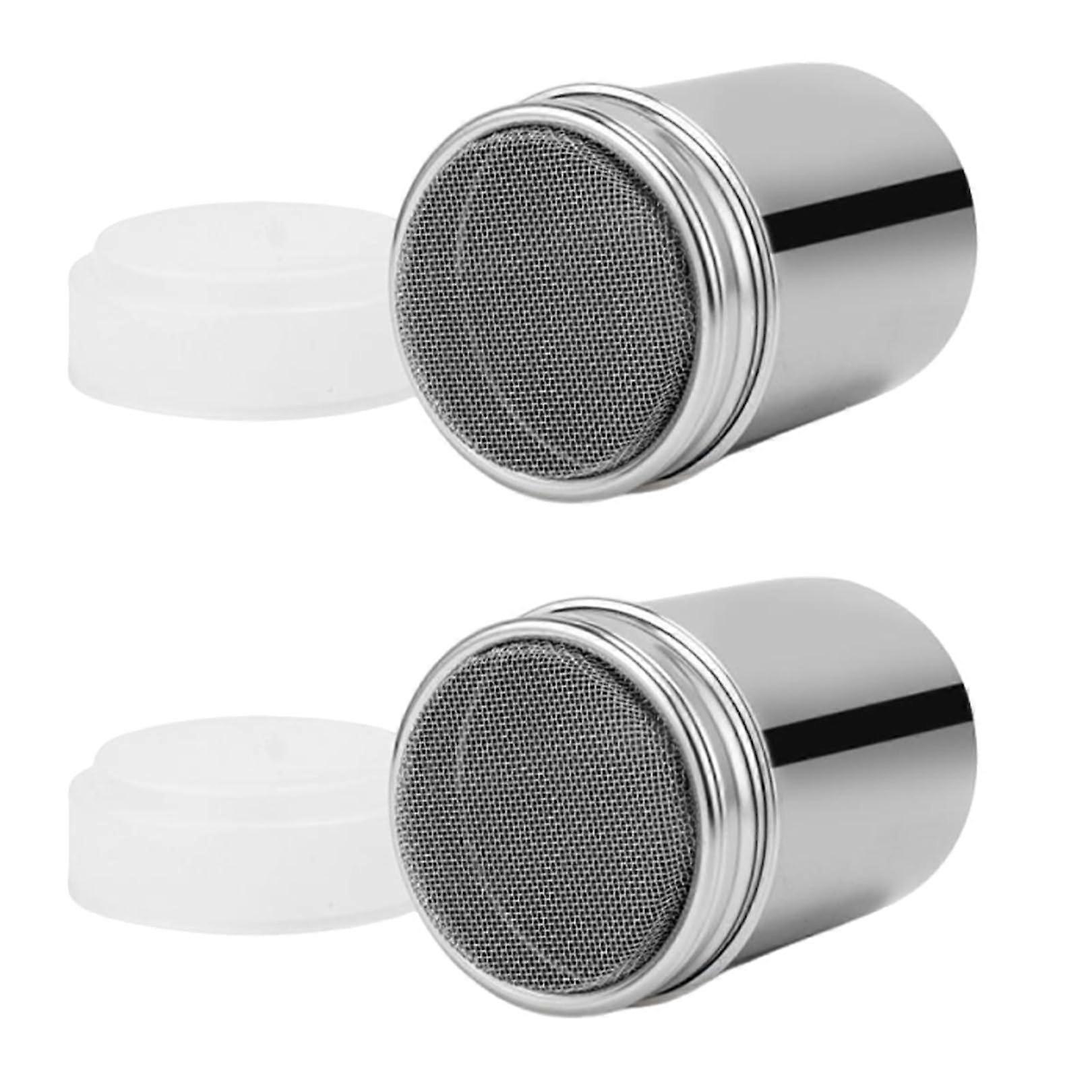 Icing Sugar Shaker Set Of 2 With Lids - Stainless Steel Shakers For Cappuccino, Flour, Cocoa, Dusting Sugar