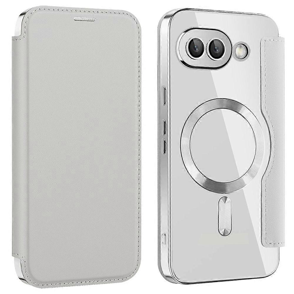 For Google Pixel 9a Case Compatible with MagSafe RFID Blocking Leather Phone Cover - Silver