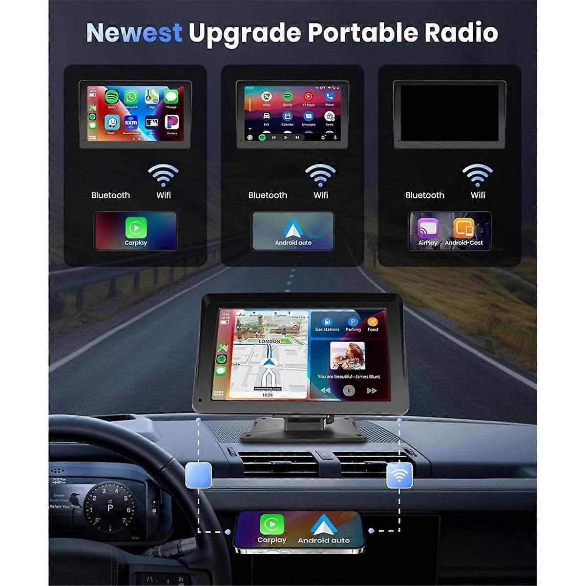 Portable Car Stereo Wireless Carplay Android Auto,7 Inch Car Radio with Bluetooth Hands-Free/Mirror Link/Navigation/AUX