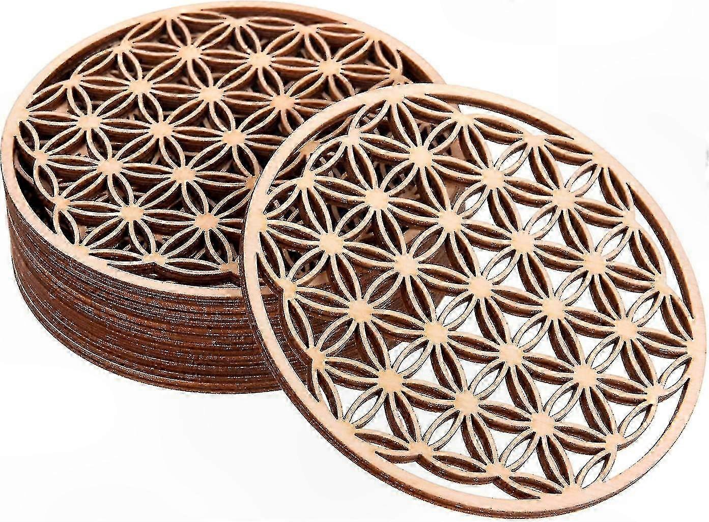 Flower of Life Design Coasters Set of 10, Birch Wood with Glass Panel, 10x10 cm, Ideal Home or Bar Decorative Accessory