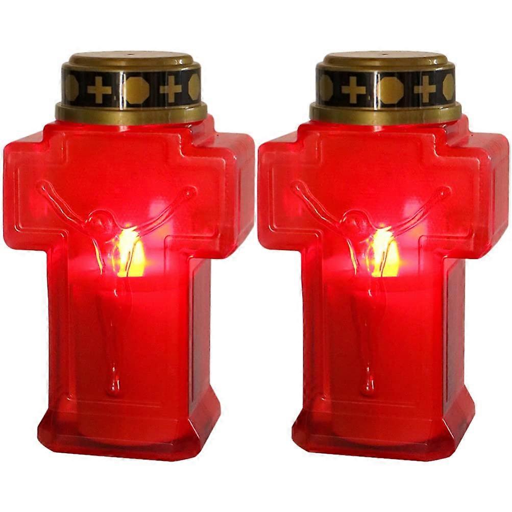 Cross Flameless LED Candles, 2 Pack, Red Flickering Light, Reusable Battery-Operated Graveyard Decor for Remembrance