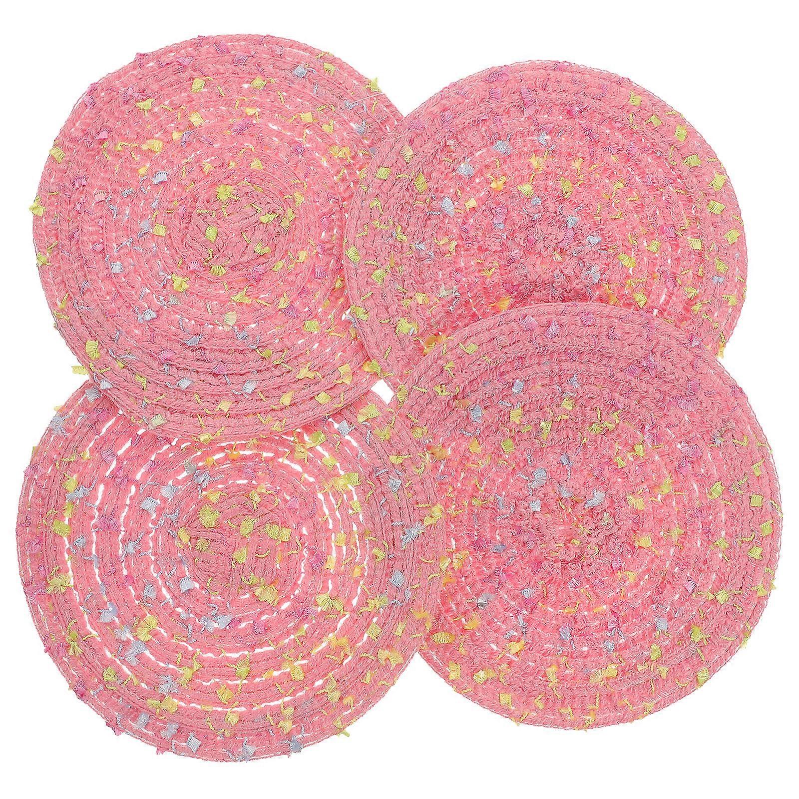 Round Woven Placemats Cup Pads for Drinks Kitchen Pink Cotton Tabletop Clean and Neat 4Pcs