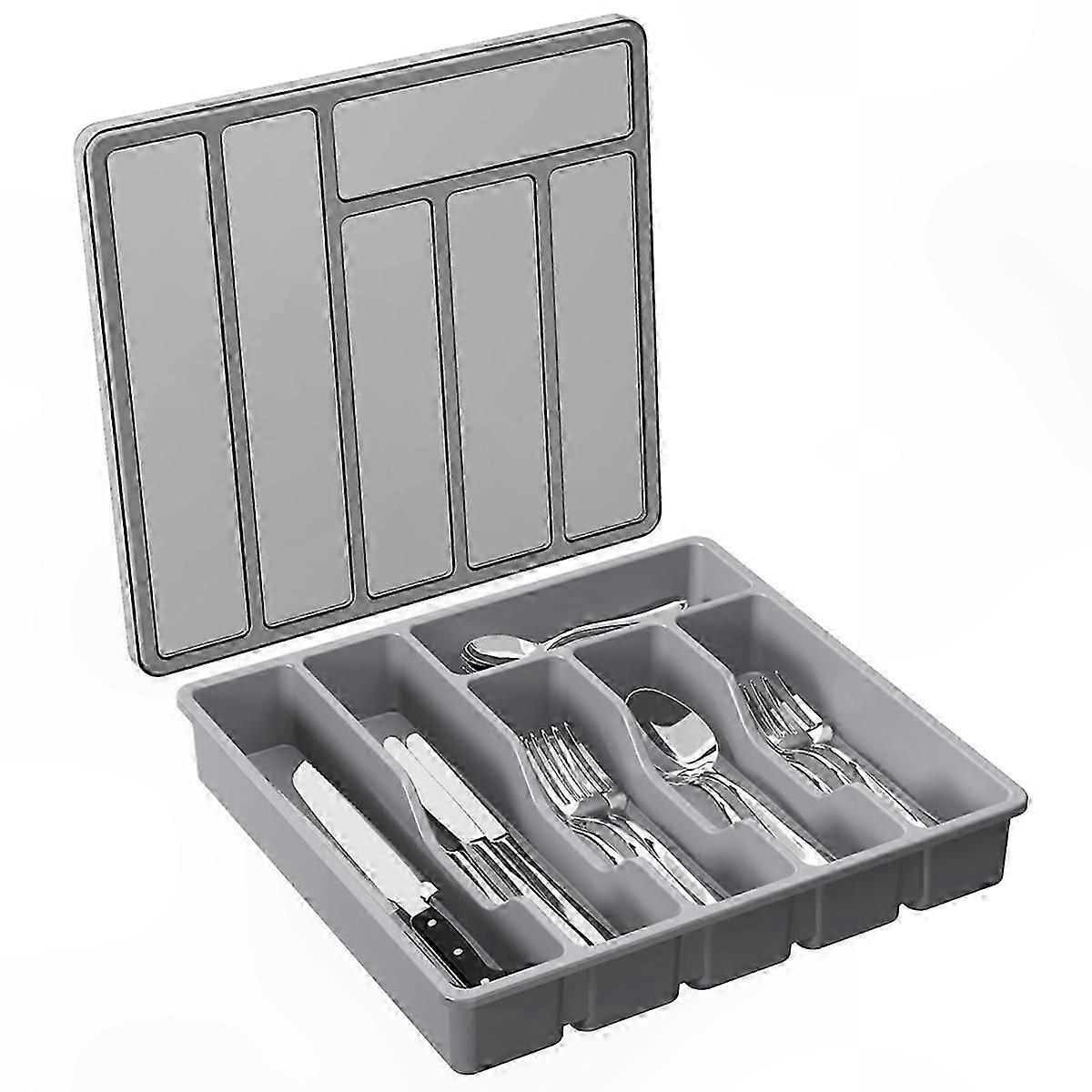 Gray Covered Silverware Organizer with Lid for Utensils Storage Solution
