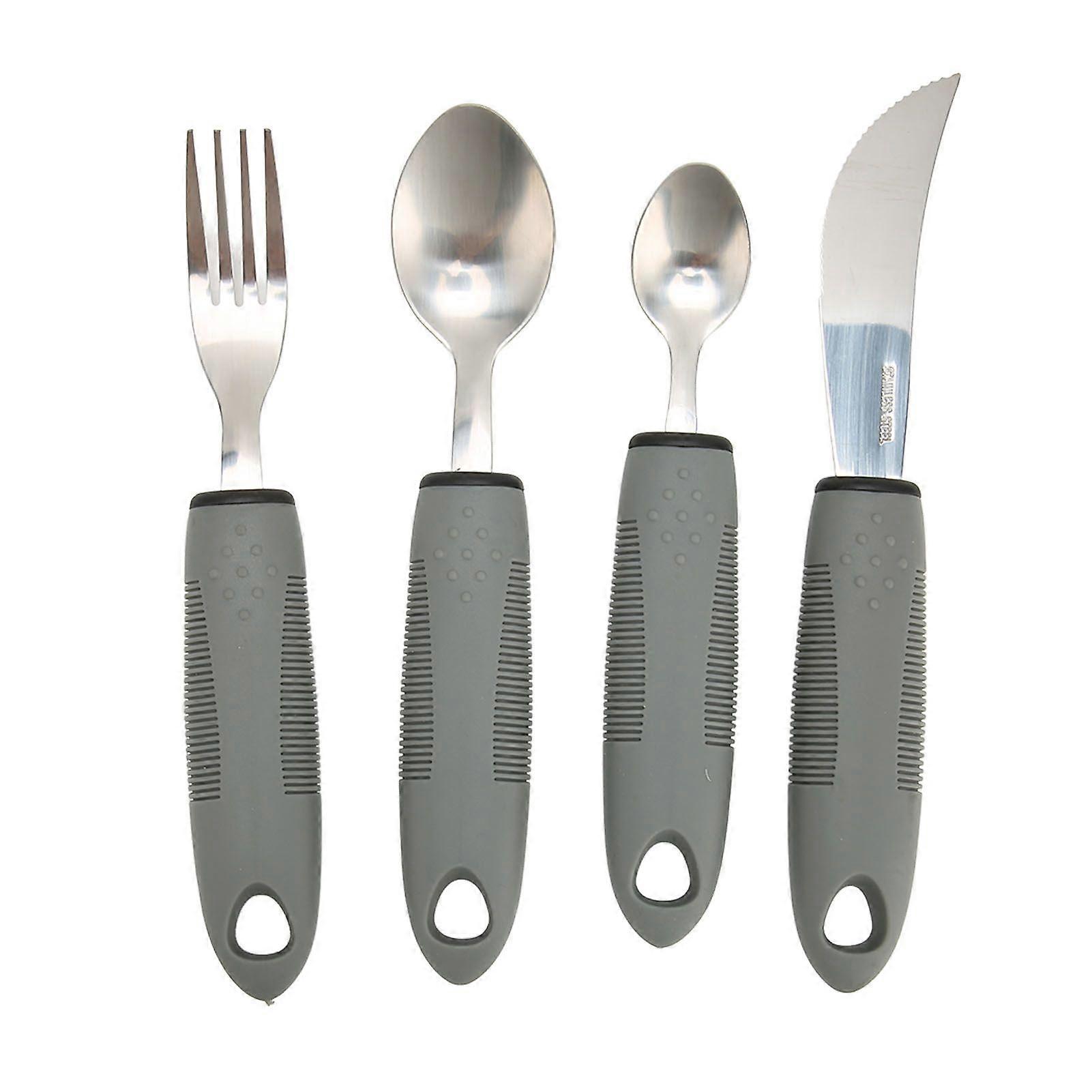 4pcs Stainless Steel Utensils Fork Spoons Set Wide Rubber Handle Tableware Set for Household