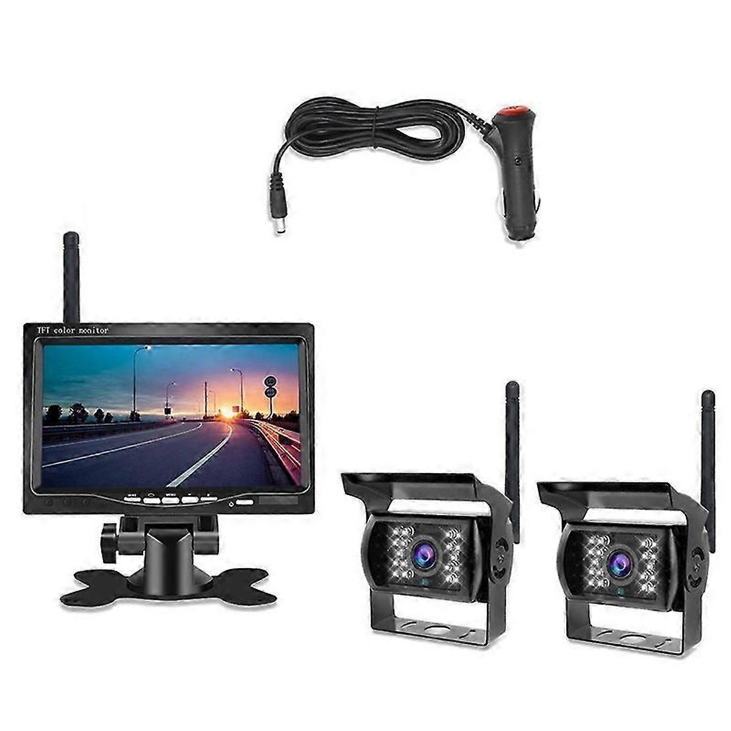 7InWireless Monitor Waterproof Vehicle 2 Backup Camera Kit TFT LCD Monitor Parking Assistance for Bu