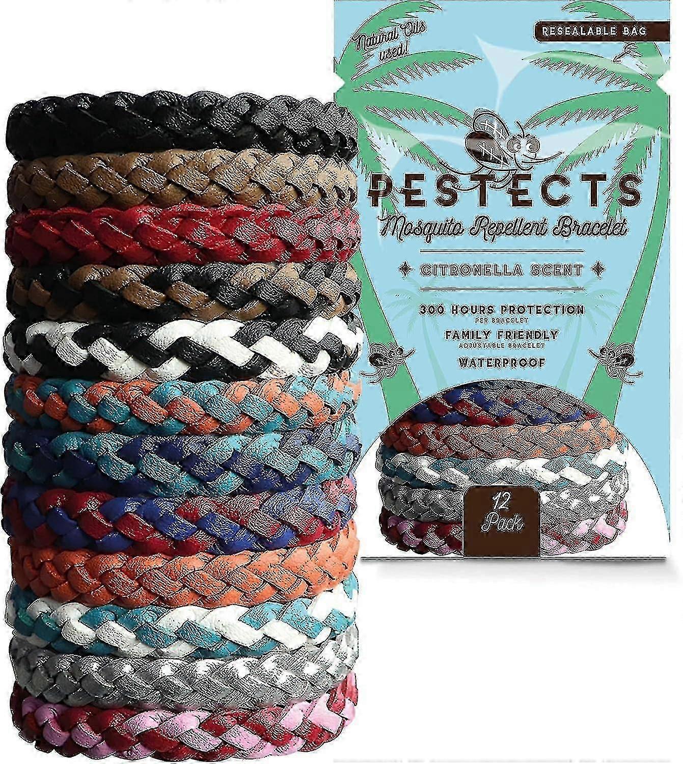 Pestects Mosquito Repellent Bracelet 12 Pack διευθετήσιμες δερμάτινες Deet-free φυσικές ζώνες κουνουπιών εντόμων για ενήλικες Παιδιά 300 ωρών εντομοαπωθητικό (δωρεάν