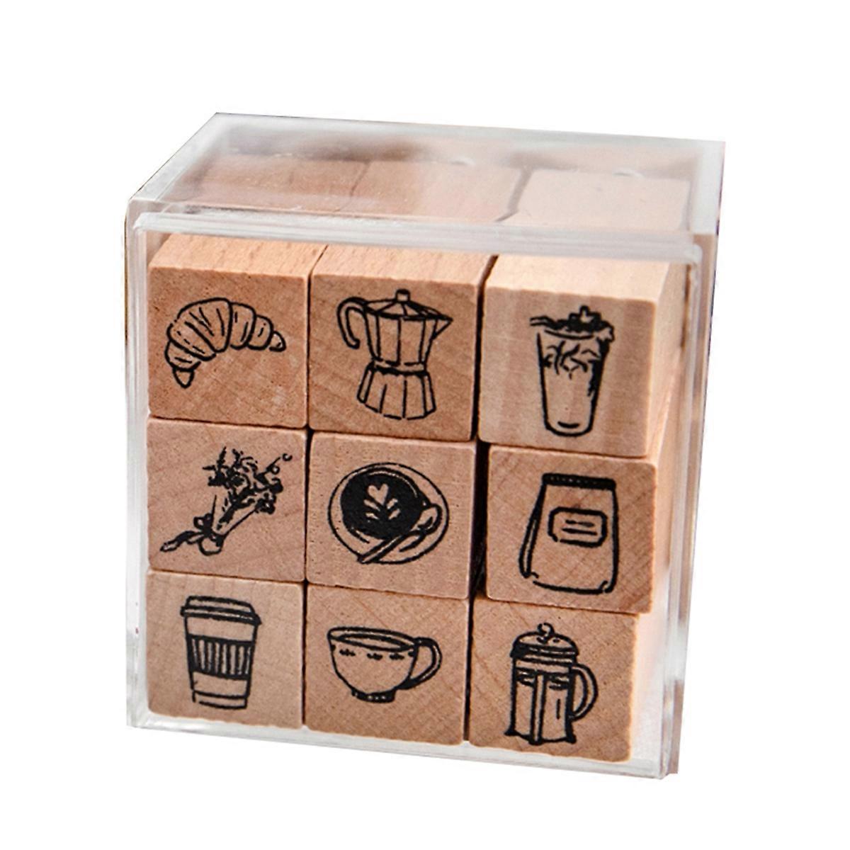 9pcs/Set Cute Cartoon Mini Pattern Wooden Stamps B