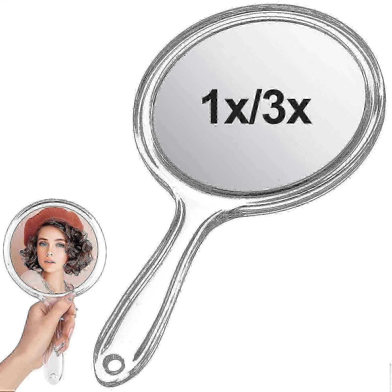 Hand Mirror Double-Sided 1X/3X Magnification Round Transparent Handle Portable Travel Mirror Multi-Purpose Daily Makeup