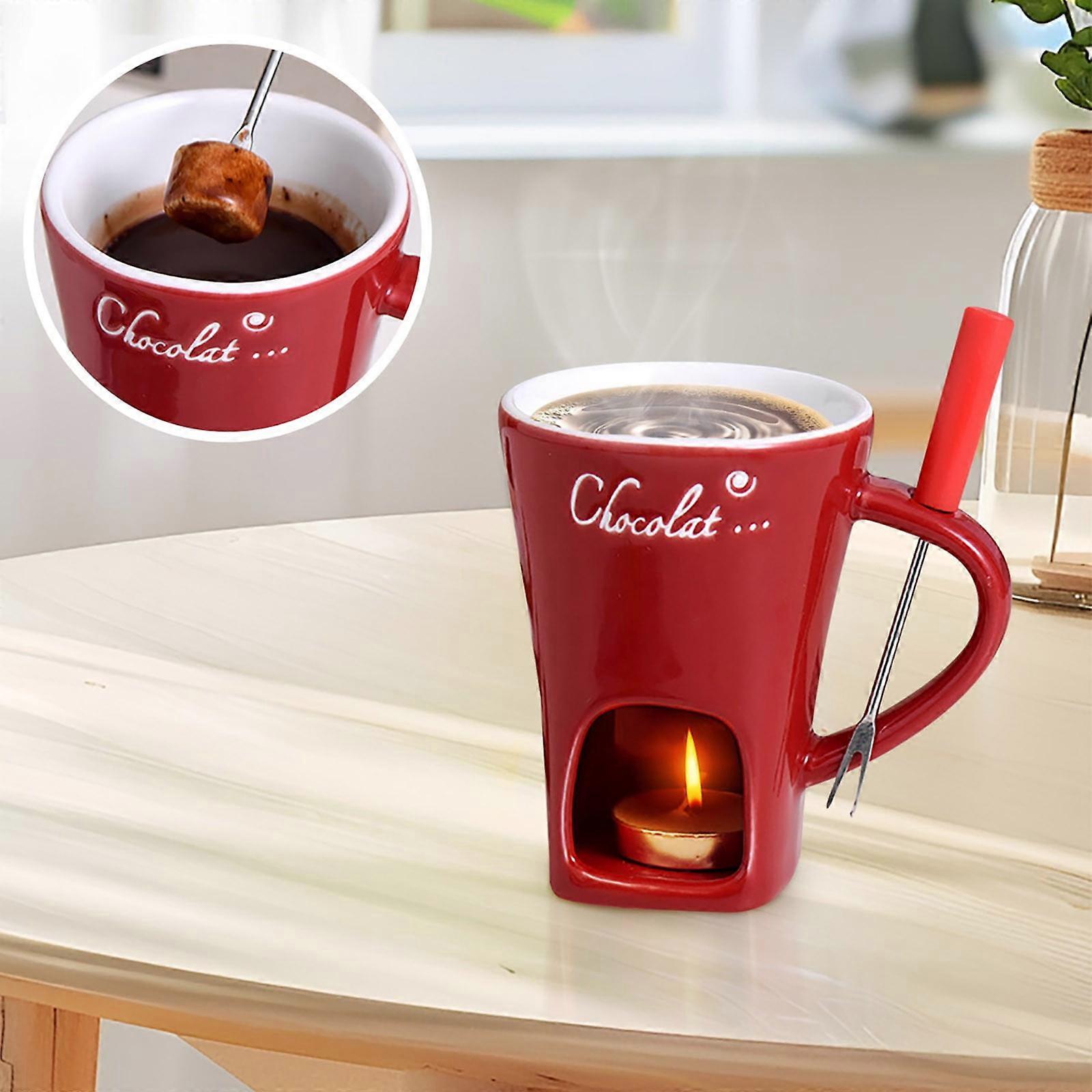 Personal Fondue Mugs, Compatible with Chocolate, Cheese, Butter - Multi-Purpose Ceramic Cups with Forks, Ideal for Melting & Dipping