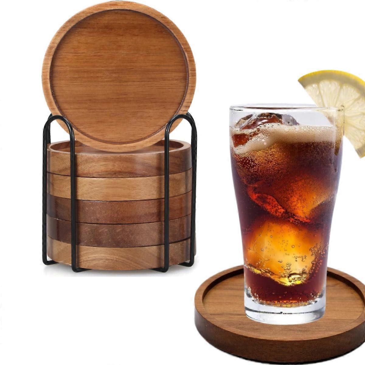 6 Pcs Wooden Coasters with Holder Coffee Table Decor Acacia Wood Coaster Set for Drink Home Dining Table Kitchen