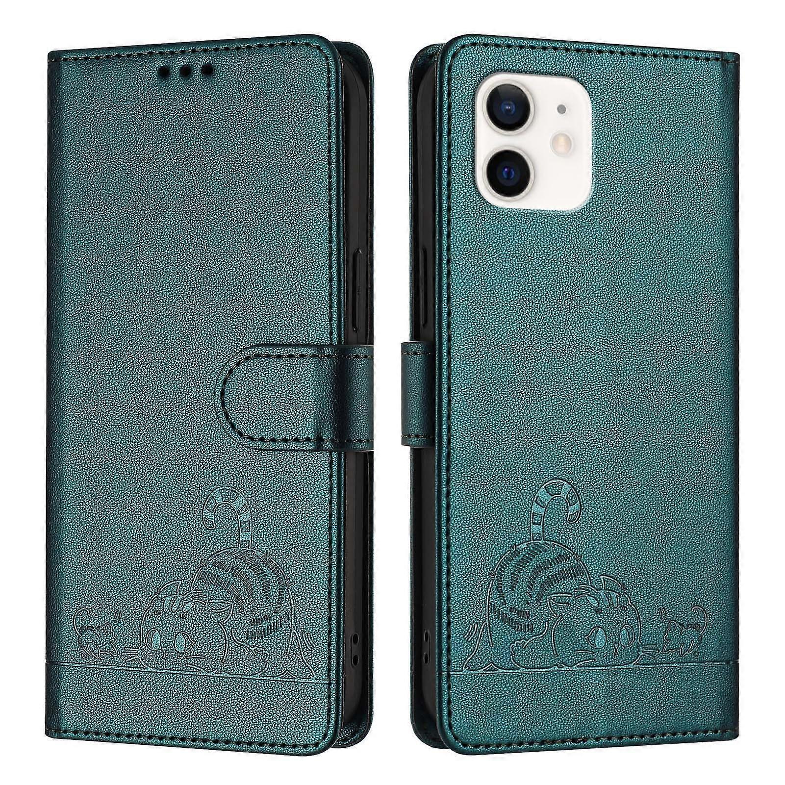 Flip Case Cat Pattern Leather Case With Card Slots RFID Wallet Kickstand Shockproof Peacock Green for iPhone 12 Pro