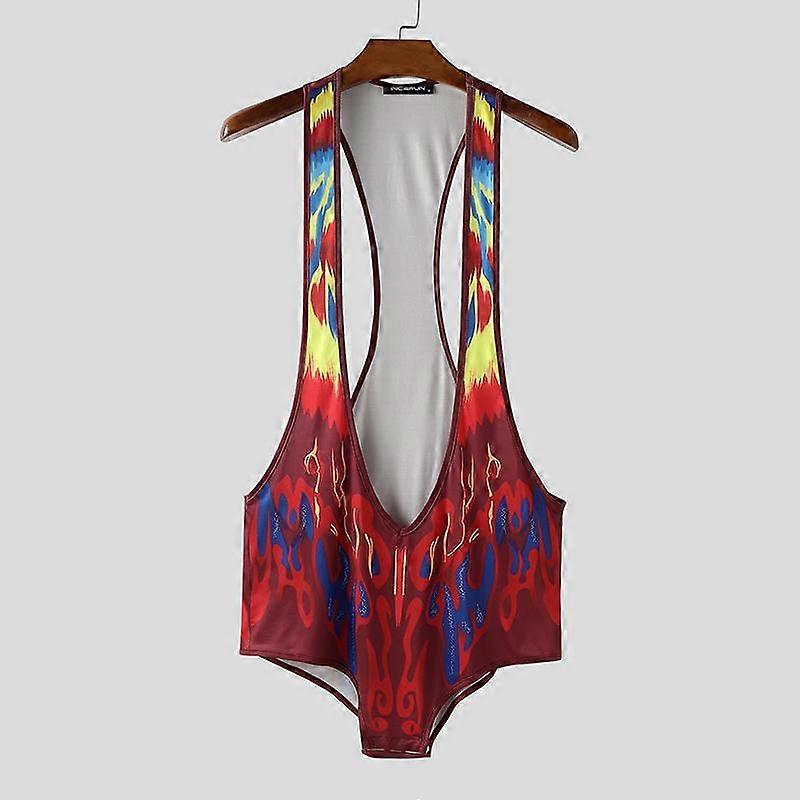 INCERUN Men's Low Cot Sleeveless Open Front  Slim Fit Print Singlet Jumpsuits Playsuits 