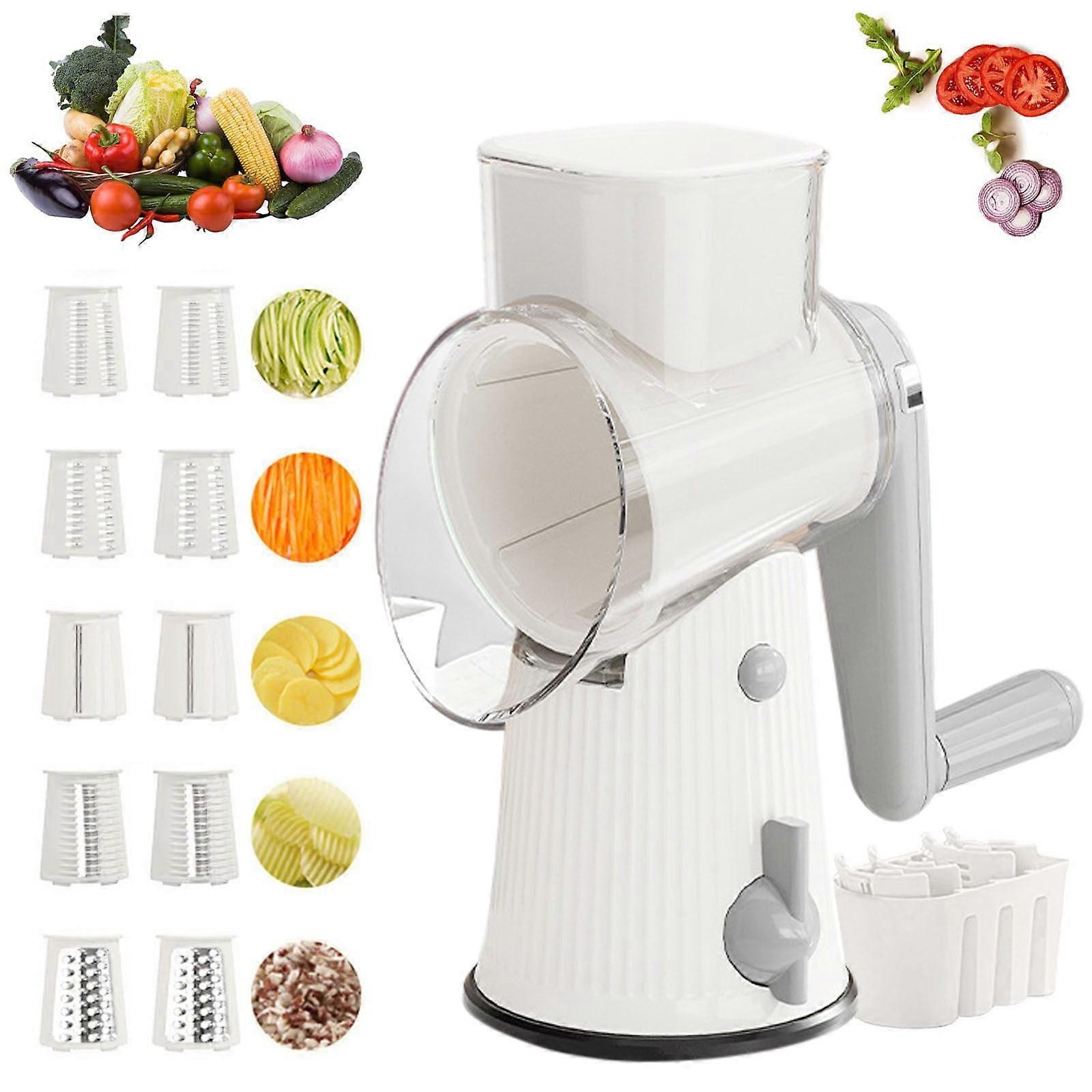 Upgraded 5-in-1 Rotary Cheese Grater with Handle & Strong Suction Base, compatible with cheese, vegetables, fruit, nuts, ice