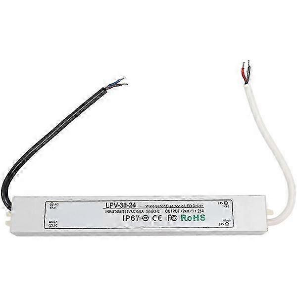 LED driver IP67 waterproof 24V low voltage output transformer adapter, 85-264V, 30W, 24V, 1.25A.