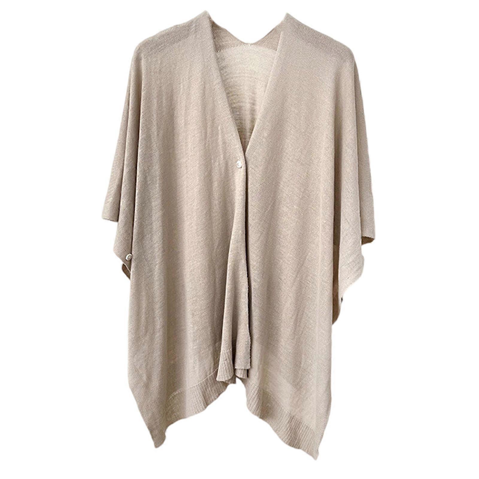 Stylish Solid Color Womens Knitted Cover Up Shawl Wrap Sun Protective Lightweight Ponchos Capes With Button Closure  Khaki