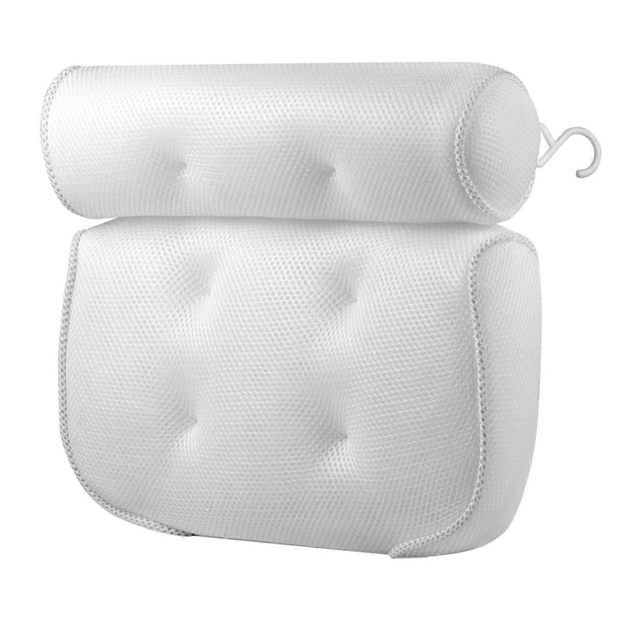 NonSlip Bath Pillow with Strong Suction Cups Mesh Headrest for Neck and Back Support in White