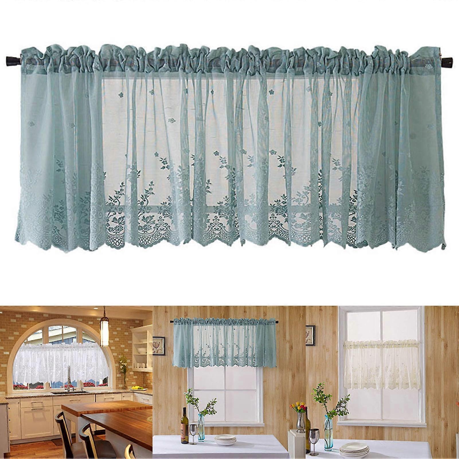 Yesbay Window Curtain Short Kitchen Valance Drape Polyester Lace Flower Pattern Balcony Curtain for Home,Blue