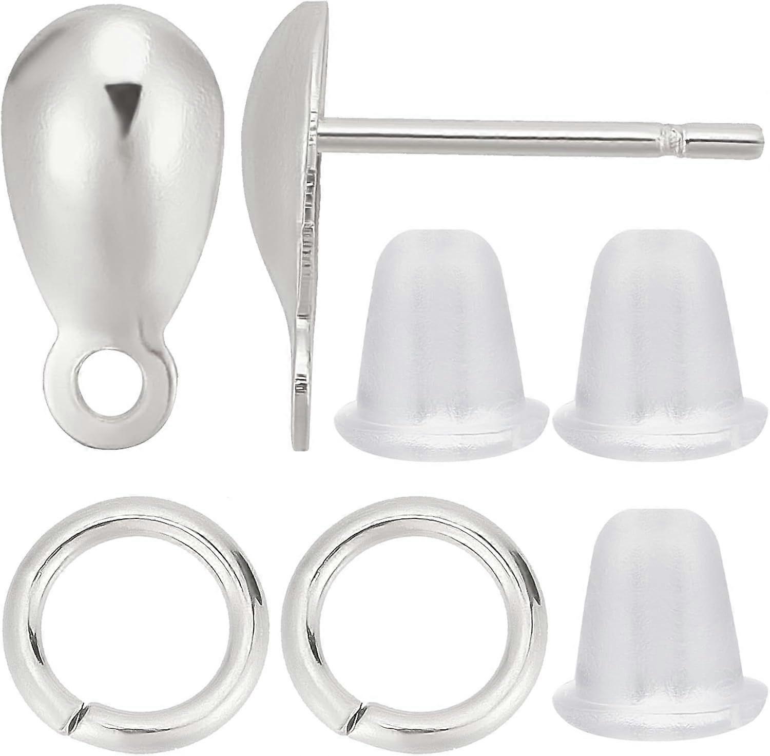 200Pcs/Box Teardrop Earrings Stud Findings Earring Posts Earring Components with Horizontal Loops 304 Stainless Steel Jump Rings Ear Nuts for Jewelry 