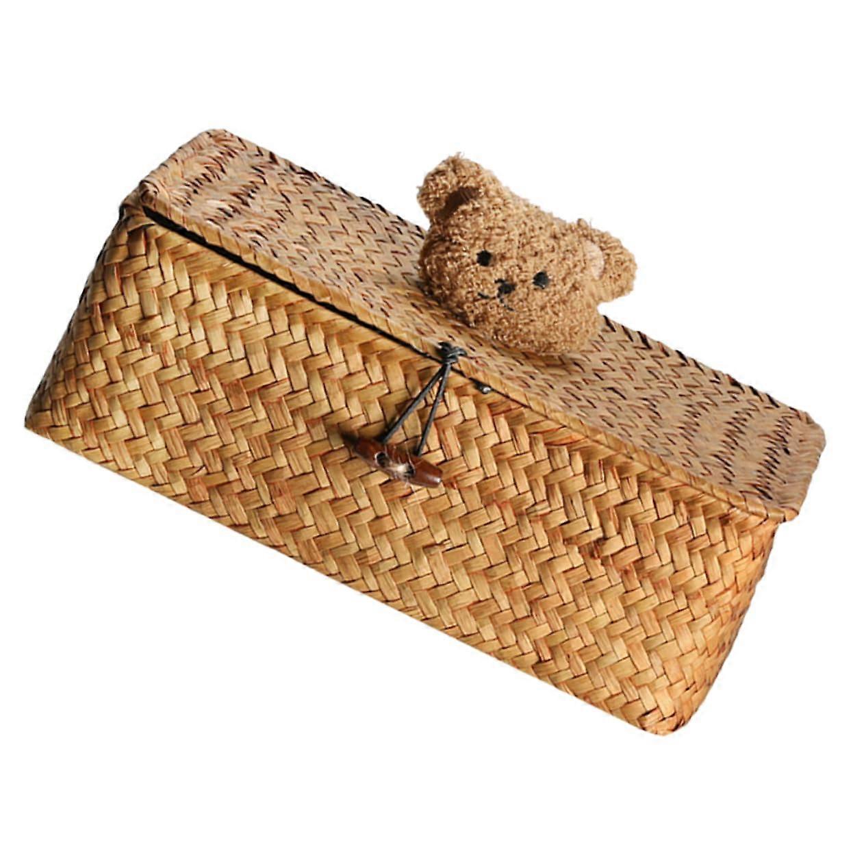 Wicker Storage Basket with Lid Handwoven Natural Texture Small Decorative Straw Organizer Box