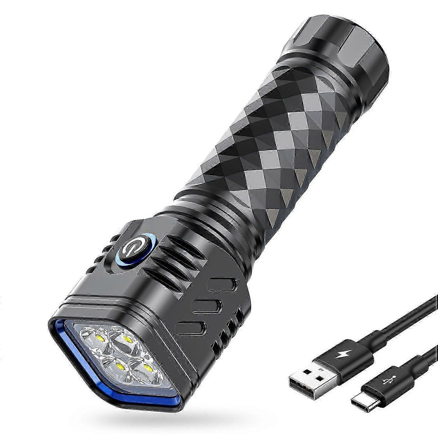USB-C Rechargeable Flashlight, 4-LED, IP65 Waterproof Tactical, 12H Runtime
