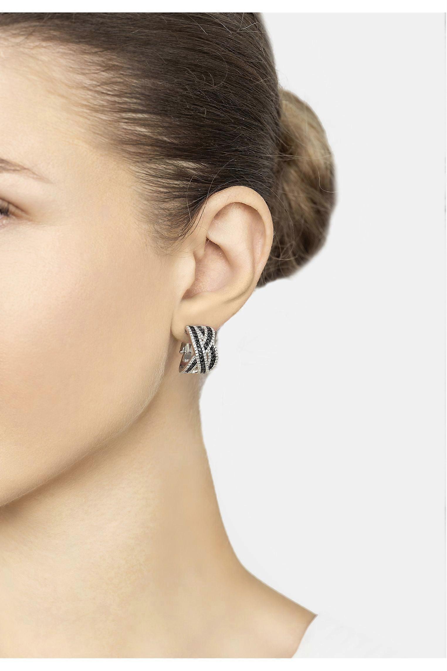 Crossover Hoop Earrings Black Cz Silver