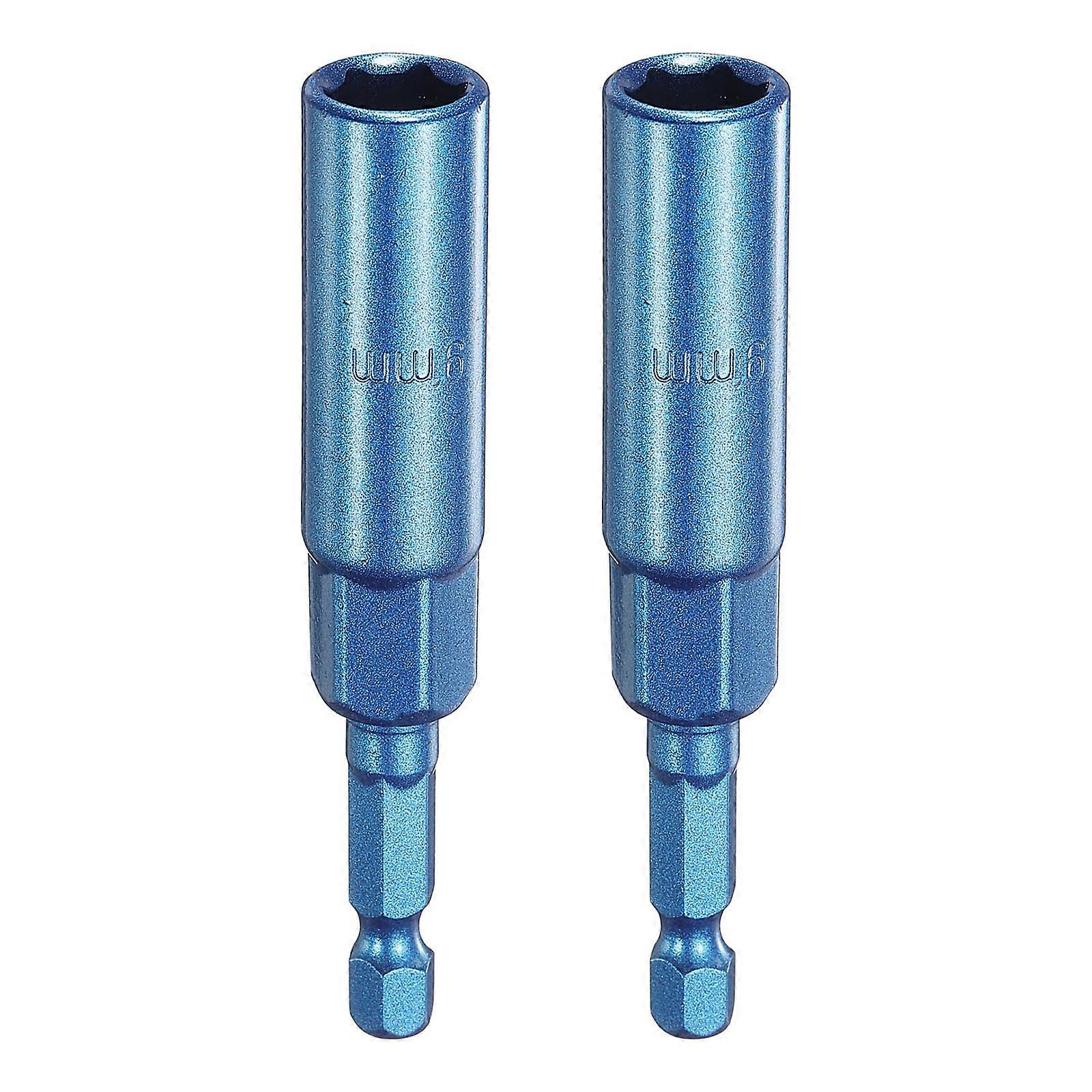 2pcs Nut Driver Set 9mm Hex Socket Drill Bits CRV Steel Quick Change Shank for Impact Drivers Blue