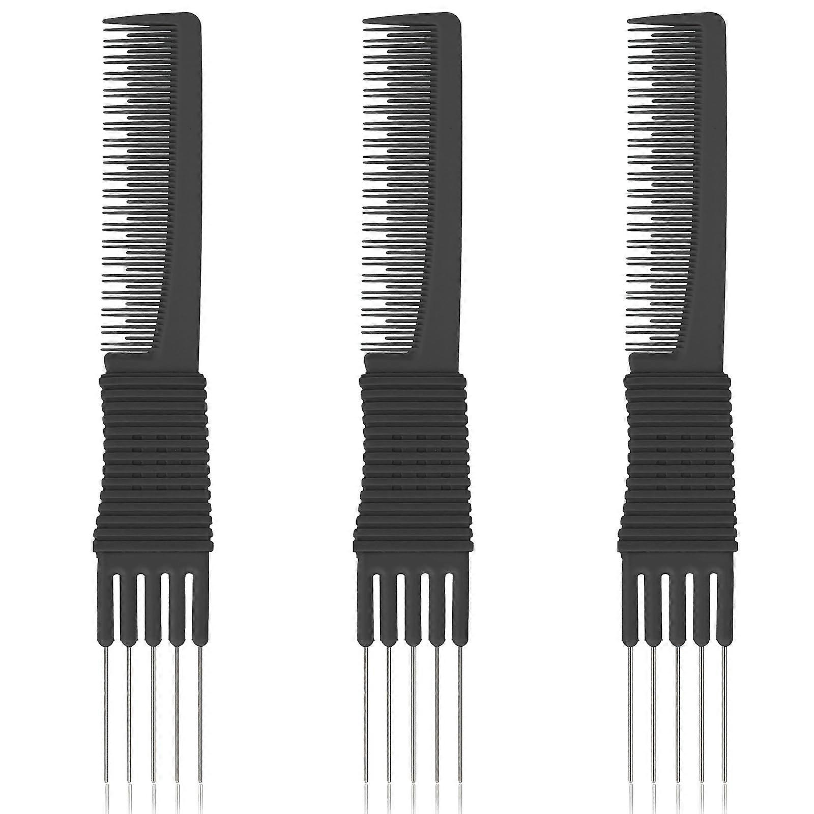 Teasing Comb Set with Metal Pick for Precise Volume, 3 Pack Black Salon Backcombing Hair Styling