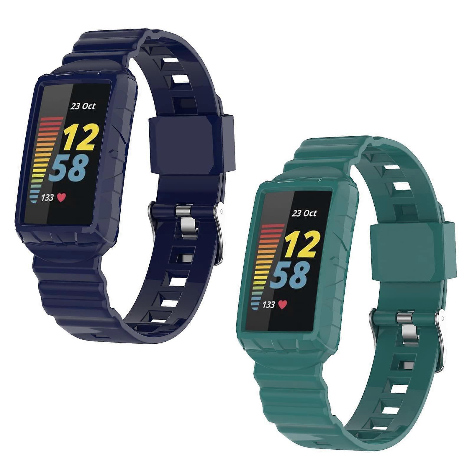 2 Pack Bands with Protective Case, Shockproof Adjustable Strap Green Blue for Fitbit Charge 5, 4, 3