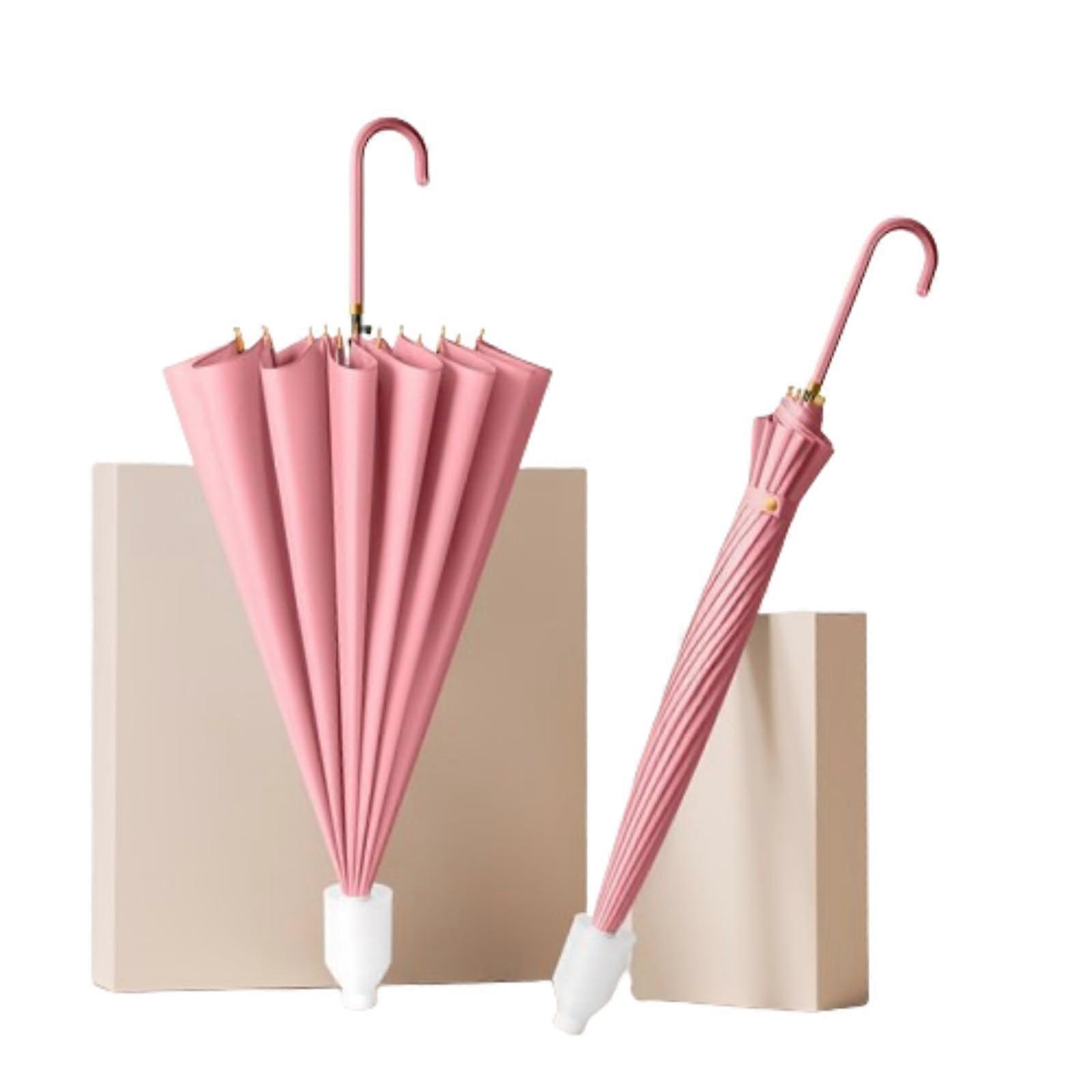 Windproof 16Bone Large Automatic Umbrella for Two Persons Rouge Pink with Curved Handle