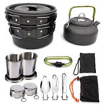 15szt Camping Cookware Mess Kit Non-stick Lekka garnka Zestaw czajników z kubkami ze stali nierdzewnej na kemping
