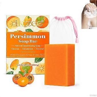 Natürliche Kaki-Seife 100 g, desodorierende Körperseife mit Sheabutter und Glycerin, tiefenreinigende feste Seife, neutralisiert Körpergeruch, mit Schaumnetz
