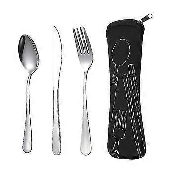 Portable Tableware Set Stainless Steel 3-Piece with Storage Bag for Picnic Camping Travel