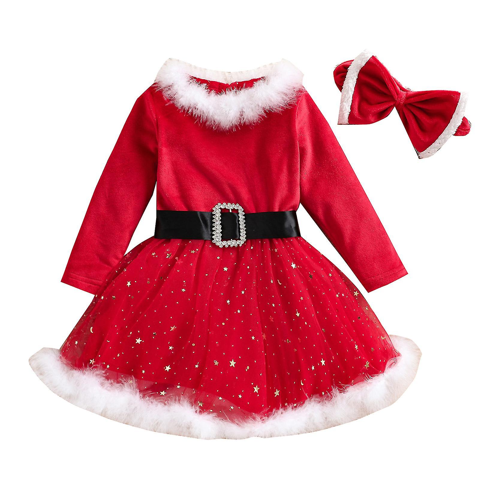 Christmas Fuzzy Cute Long Sleeve Dress With Layer Of Yarn With Gold Sequins For Home Holiday Festivals With Bowknot