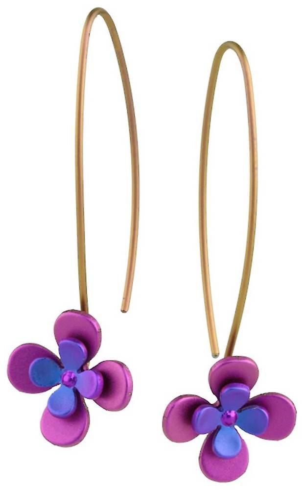 Ti2 Titanium Double Four Petal Flower Drop Earrings - Pink