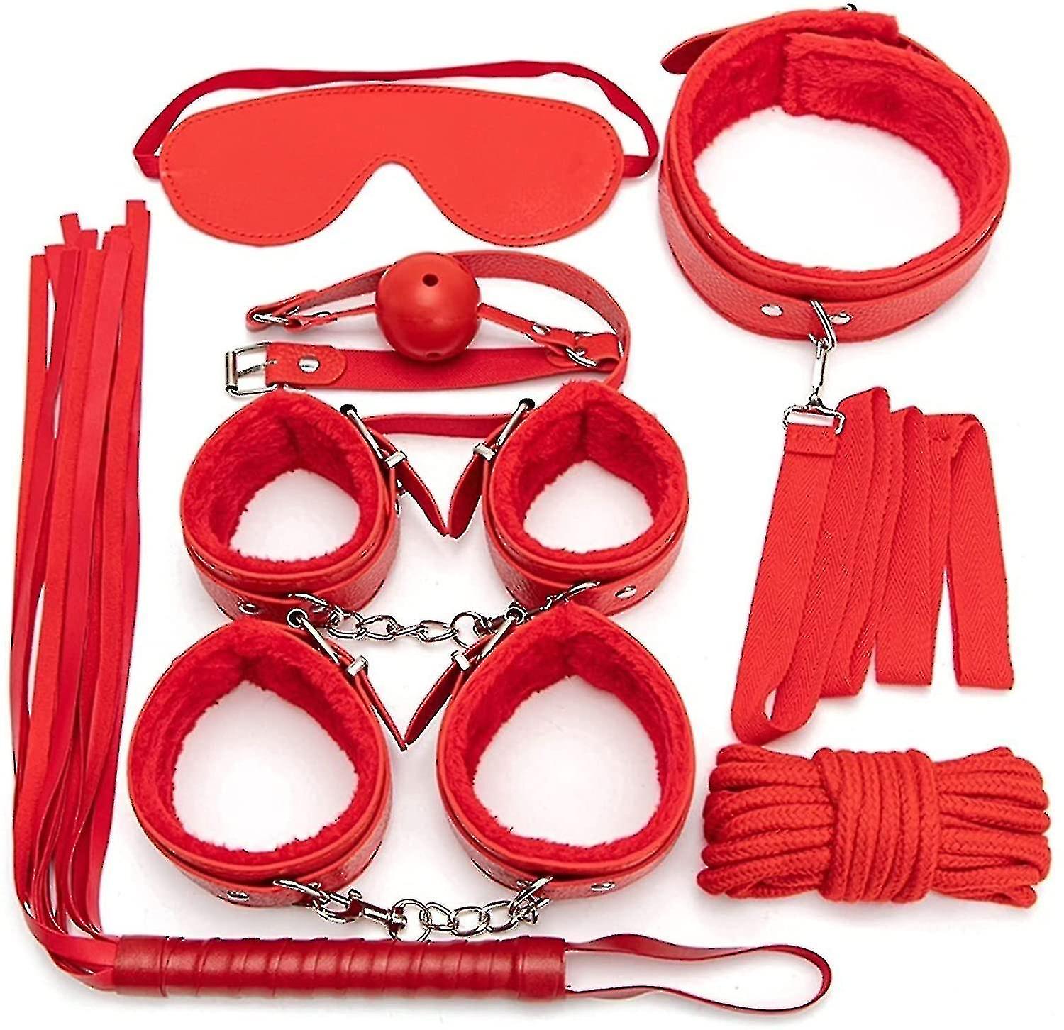 7pcsset Leather Bodaged Kit Adlt Explay Hndcffswhpsball Ggropecollr Bdm