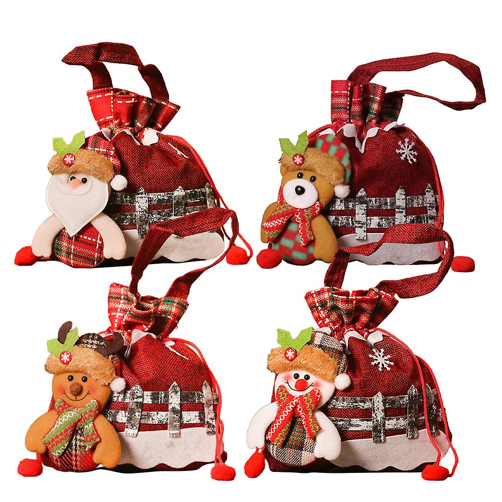 4pcs Christmas Eve Gift Doll Burlap Bags With Drawstring 3d Xmas Candy Apple Bags Snowman Elk Santa Bear Fabric Goody Bag Party Favor Wrapping Set