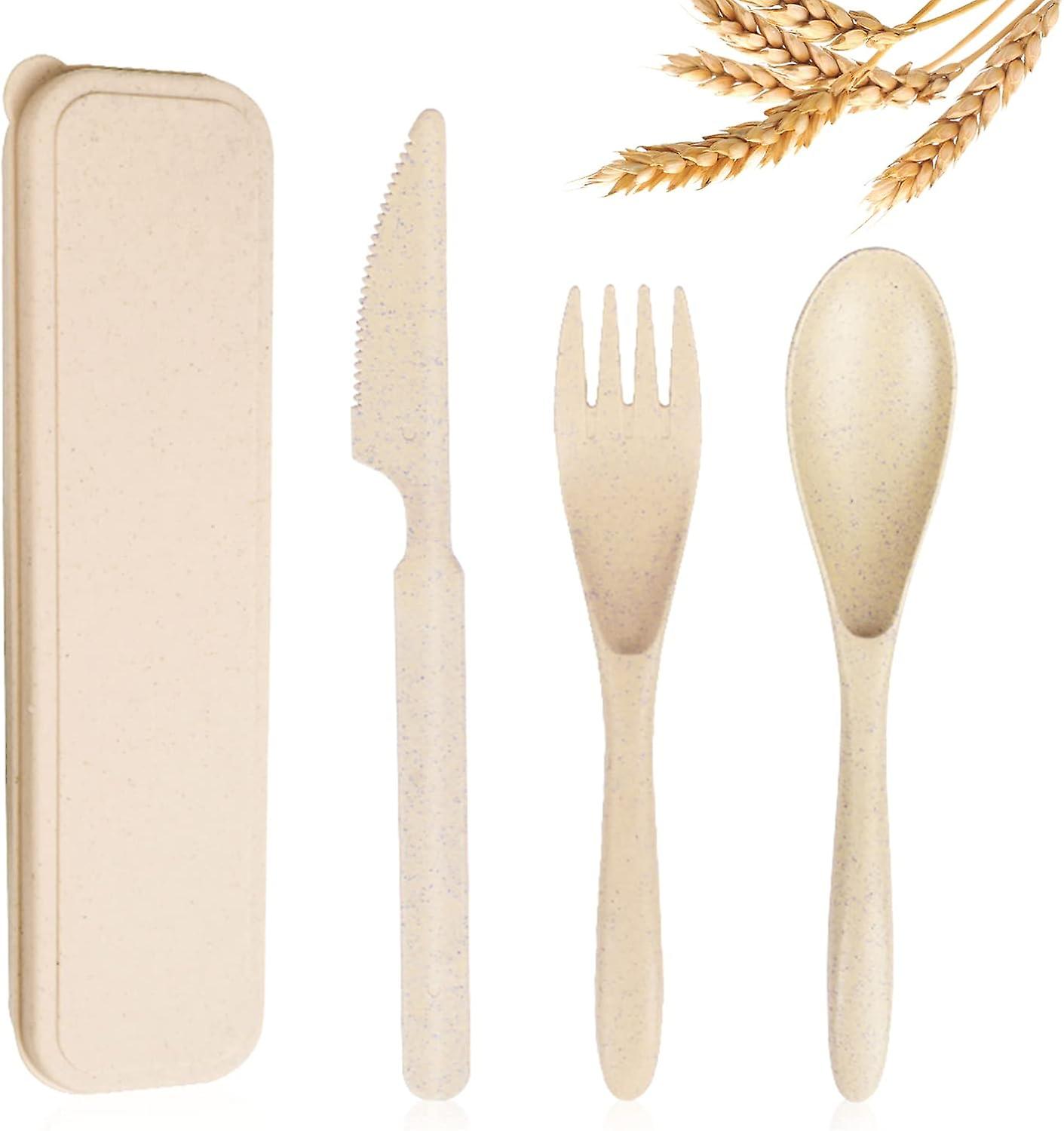 Reusable Travel Utensils Set with Case, Beige Wheat Straw Portable Knife Fork Spoons Tableware, Eco-Friendly BPA Free Cutlery for Kids and Adults as T