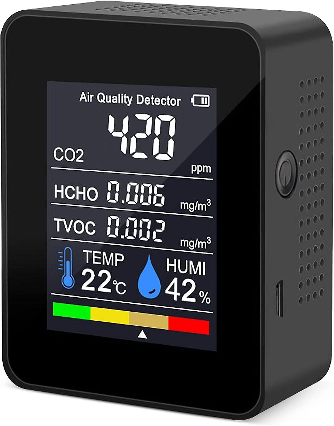 Portable Air Quality Detector CO2 Gauge Digital Temperature Meter Humidity Tester CO2 Detector TVOC Formaldehyde HCHO (1-Black)