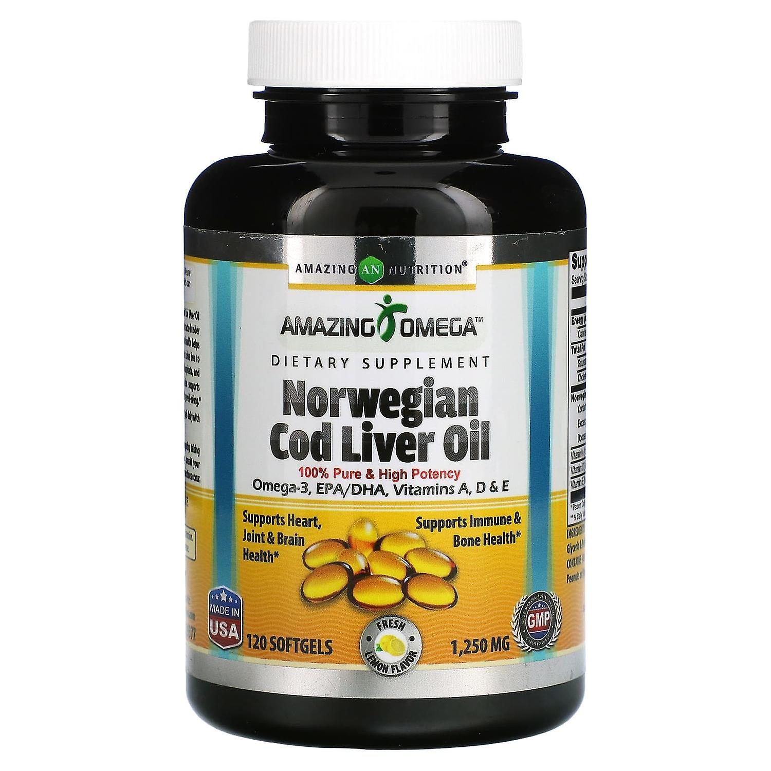 Amazing Nutrition, Norwegian Cod Liver Oil, Lemon, 1,250 mg, 120 Softgels