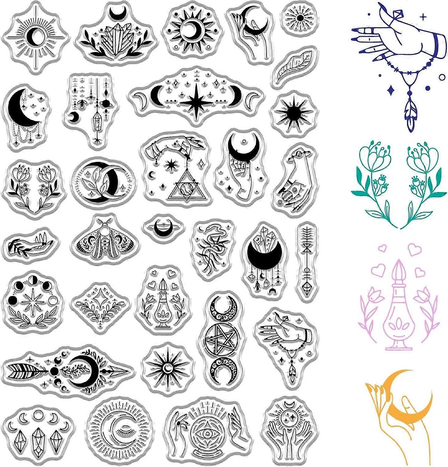 Sun Moon Clear Stamps Divination Magic Hand Moth PVC Reusable Vintage Background Postmark Transparent Rubber Stamp Seals for Scrapbooking Journaling C