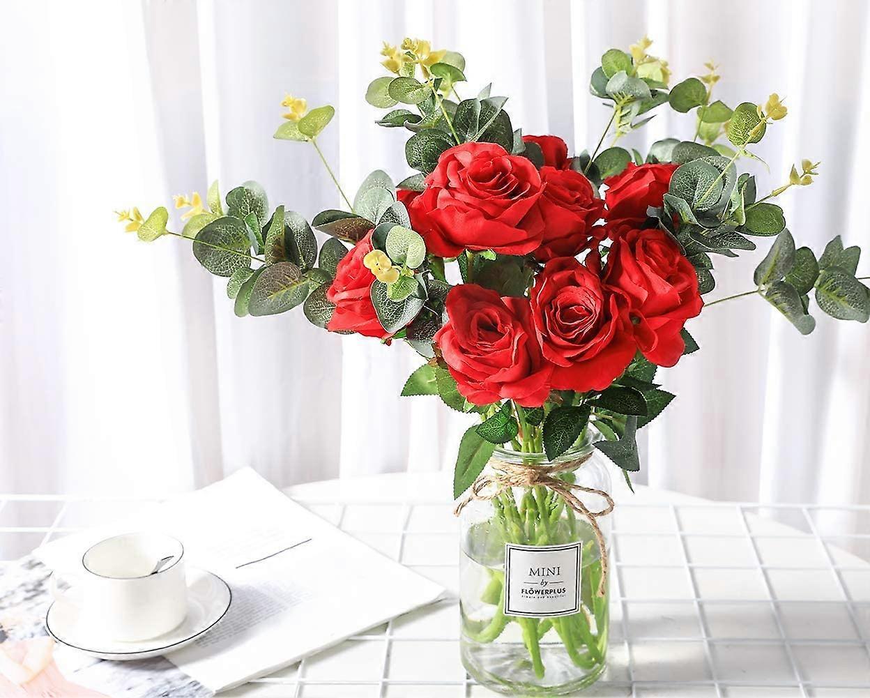 Rosscer Kit De Fleurs Artificielles Avec Pot, Combinaison De Roses Rouges Bordeaux Artificielles Et De Verdure, Décoration En Pot Pour Bureau, Bibliothèque, Chambre, Salon, Fête, Décorations De