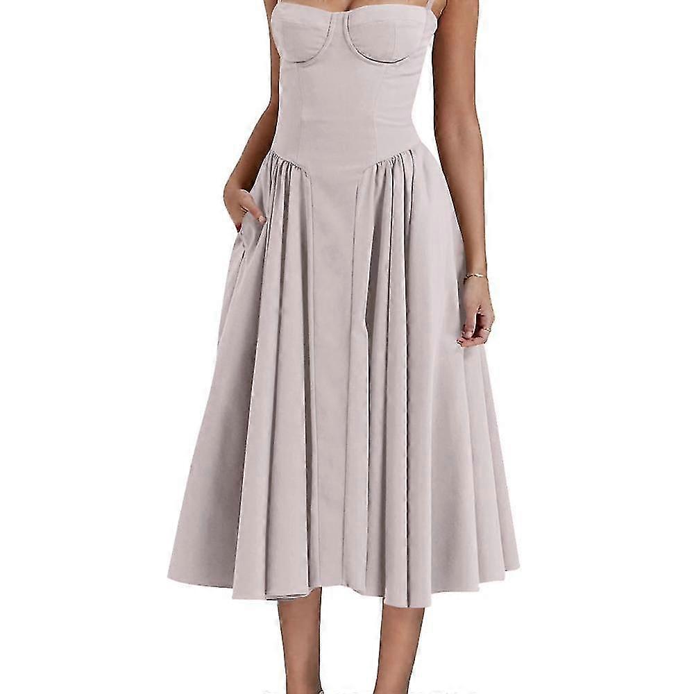 בגדי ריקוד נשים רצועות ספגטי קפלים ללא שרוולים שמלת מידי בוסטייה עם כיסים -GSL-XinHan