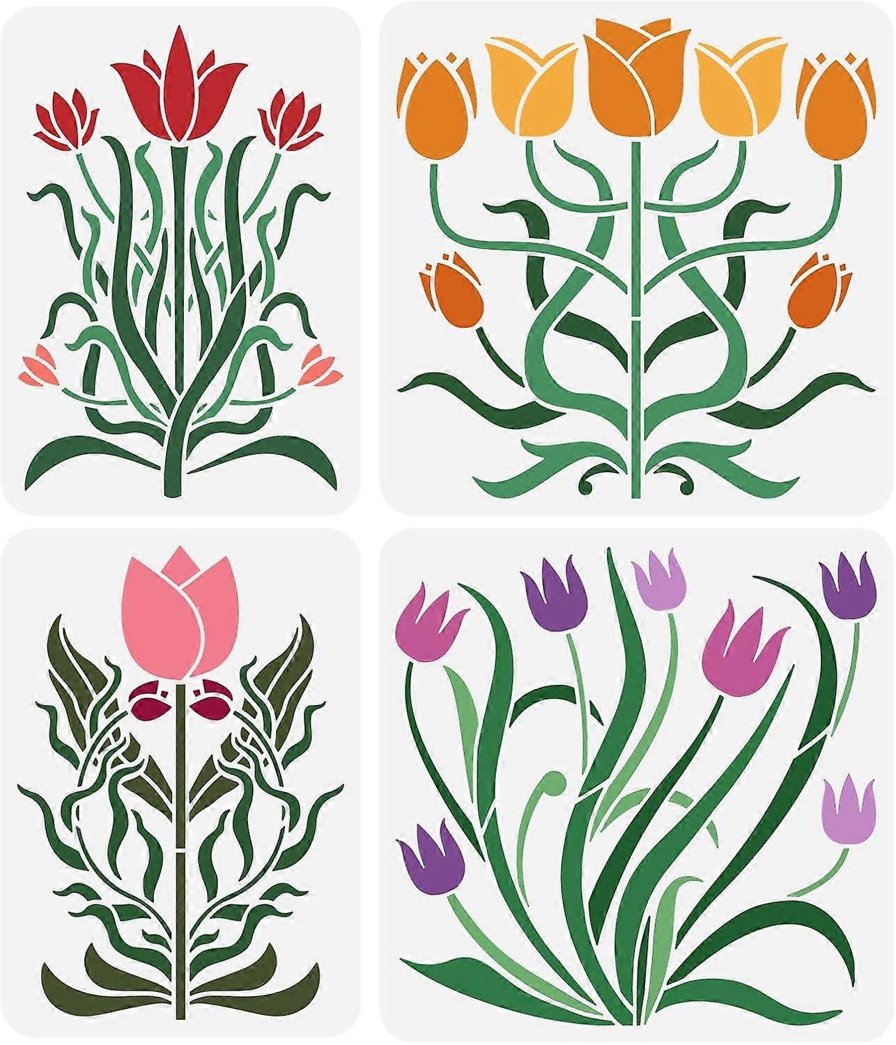 4 pcs Art Tulip Painting Stencil 2 Size Tulip Flower Drawing Template Tulip Pattern Decoration Stencil DIY Craft Flower Plants Stencil for Painting on